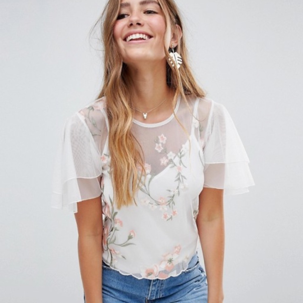 ASOS DESIGN angel sleeve embroidered mesh top cami